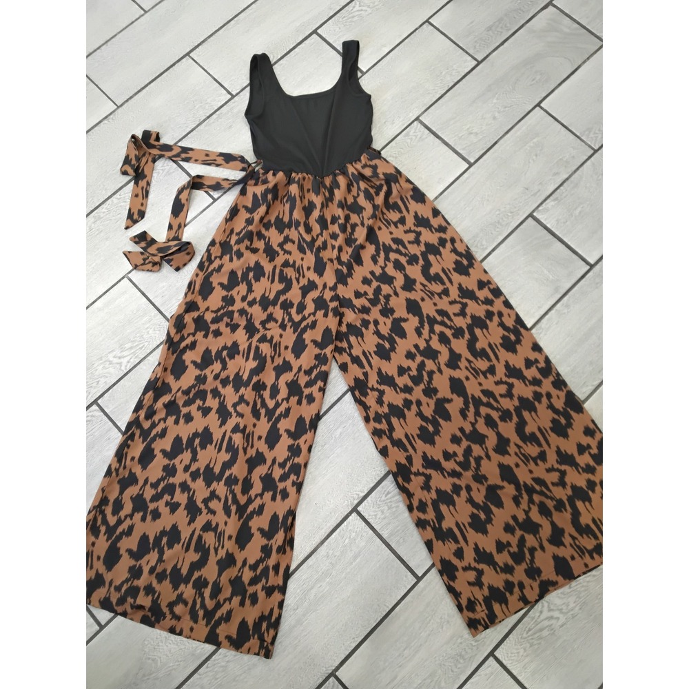 LISHLY‎ Womens Leopard Print Wide Leg Jumpsuit Black Ribbed Scoop Neck Size M 6